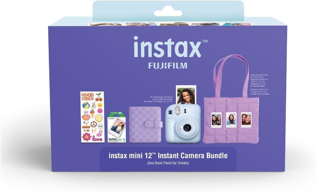 FUJIFILM Instax Mini 12 Instant Film Camera 2025 Holiday Bundle (Blue) + Compatible Carrying Case + Fuji Film Value Pack (20 Sheets) + Microfiber Cleaning Cloth