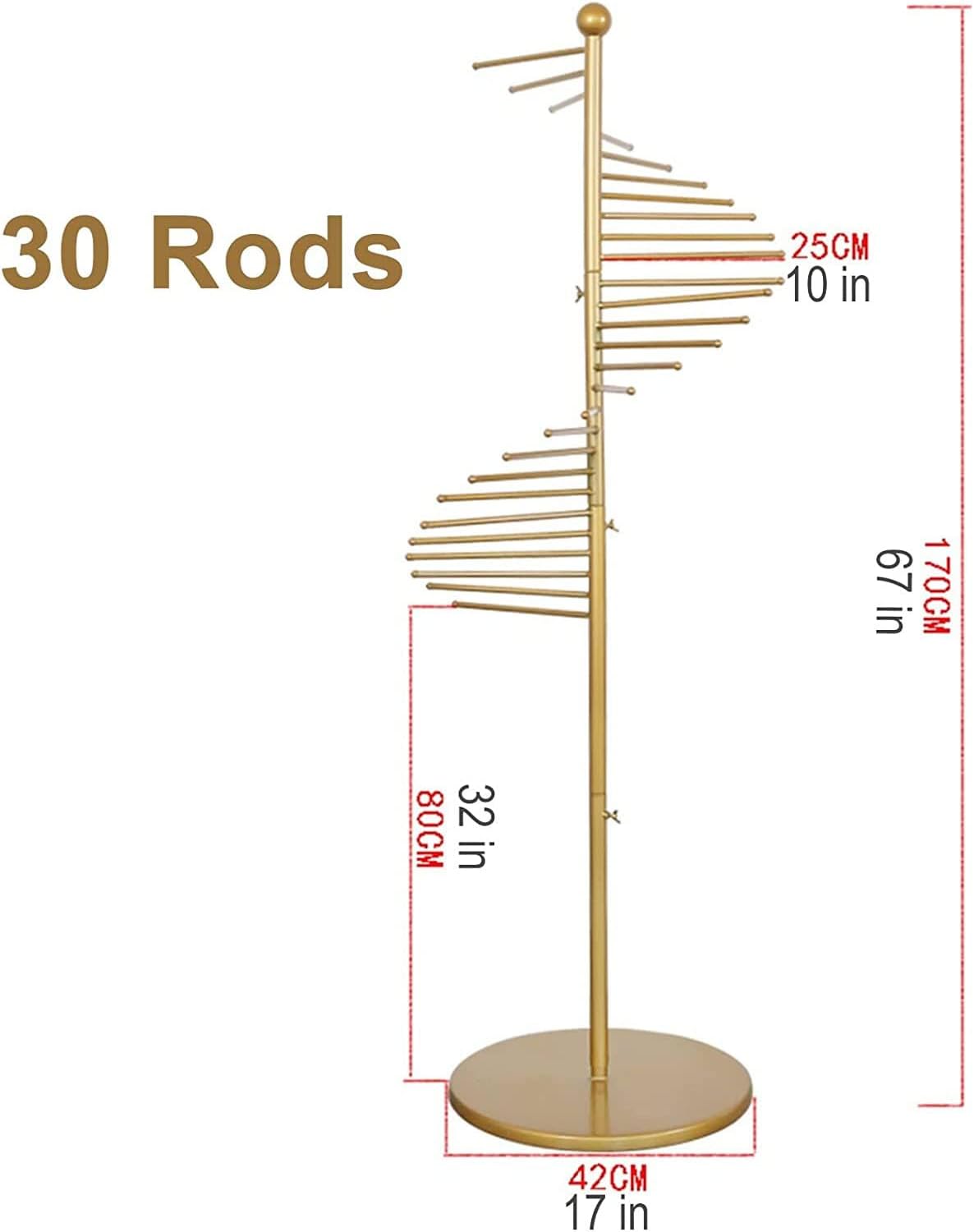 Floor-Standing Metal Spiral Scarf Display Stand, Industrial Style Iron Storage Hanger Hair Rack, Hijab Scarves Leggings Tae Kwon Do Belt, Closet Racks for Hanging Clothes(Gold-30 Rods)
