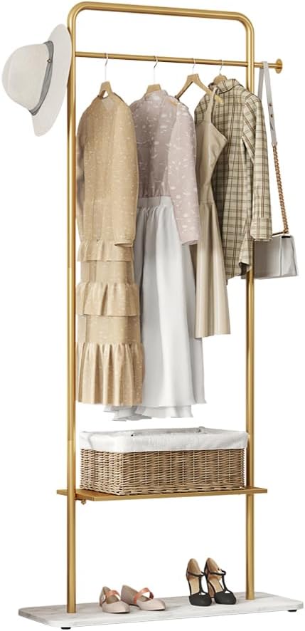 KaKaBB Gold Clothing Rack with Shelves, Coat Racks Freestanding with Marble Base, Clothing Rack for Hanging Clothes, Gold Garment Rack for Boutiques, Bedroom (2 tier, 31.5')