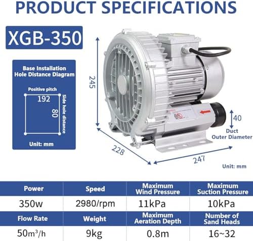 Industrial Vortex Ring Blower, Regenerative Air Blower with Dust Filter, Aluminum Impeller, 120W-1100W, 2980RPM, Max Air Volume 210m³/H, Ideal for Aquaculture 370W/0.5HP