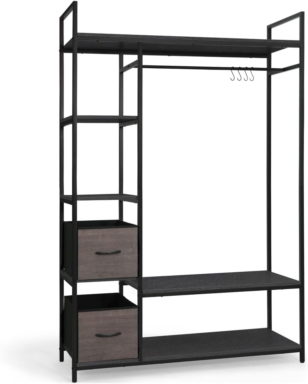 Fencer Wire Heavy Duty 979lbs Freestanding Closet Organizer w/Hanging Rods & Fabric Drawers, Garment Rack, Metal Clothes Rack w/Wood Shelves, Freestanding Closet Wardrobe, Black Vintage Board