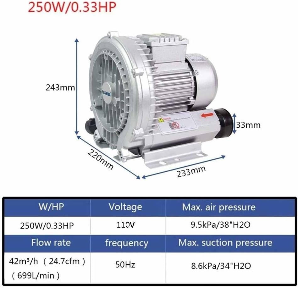 Regenerative Blower 0.24HP 0.33HP 0.47HP 0.5HP, High-Pressure Vortex Blower, for Aquaculture Regenerative Blower Single Phase 110V 50Hz(250W/0.33HP)