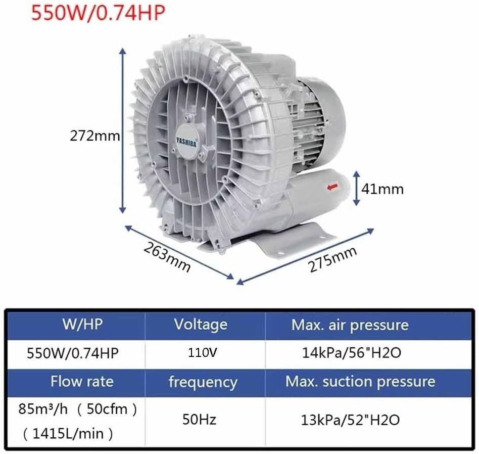Regenerative Blower 110V, High-Pressure Industrial Vacuum Pump for Air Blowing Or Suction, Sewage Aeration Vortex Blower, Single Phase,Low Noise(550W/0.74HP)