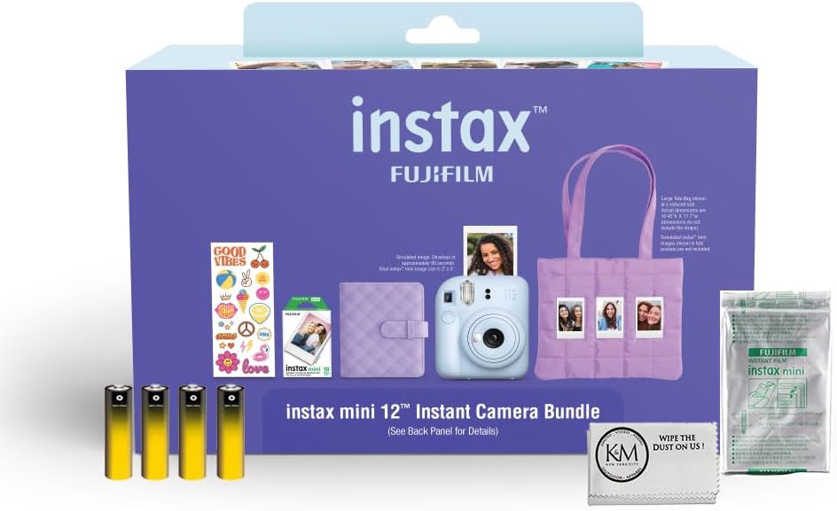 FUJIFILM INSTAX Mini 12 Holiday Bundle 2025 | Pastel Blue with Extra Instax Mini Film + 4pk AA Batteries & Cleaning Cloth (10 Items)