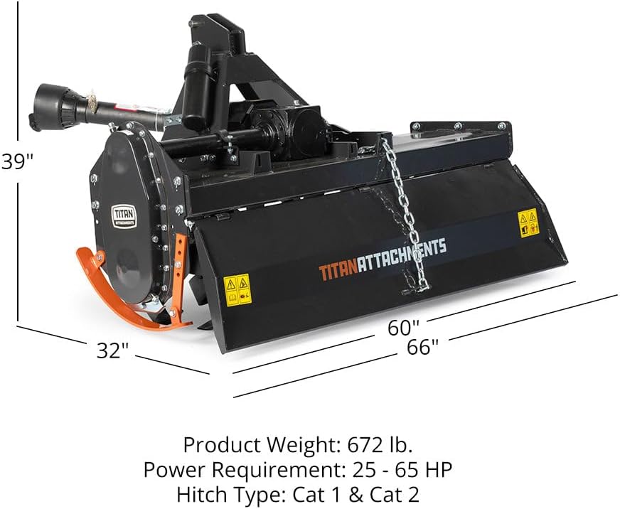 Titan Attachments Pro Series 3 Point Rotary Tiller, 60' Cutting Width, Fits Cat 1 & Cat 2 Tractors 25-65 HP Rototiller, 8' Digging Depth, PTO Driven Cultivator