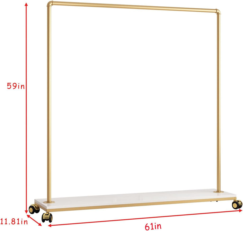 Gold Metal Clothing Rack with Wood Shelf, Heavy Duty Rolling Garment Rack with Wheels for Bedroom Retail Boutique Use (61L inches)