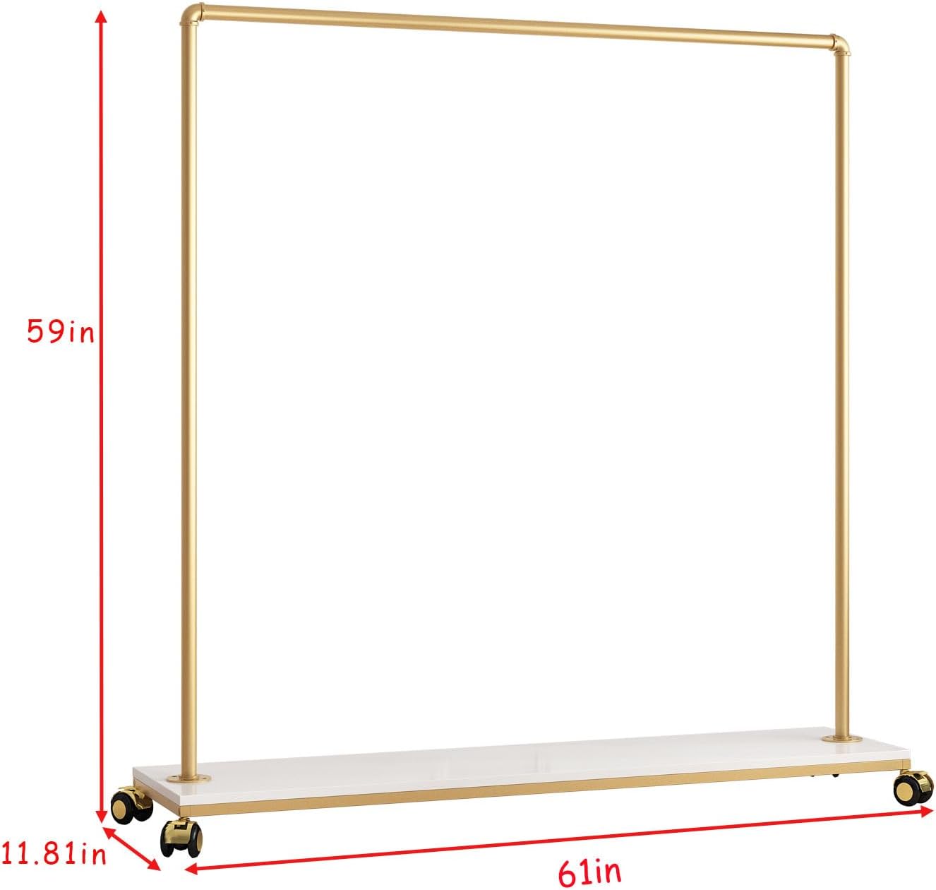 Gold Metal Clothing Rack with Wood Shelf, Heavy Duty Rolling Garment Rack with Wheels for Bedroom Retail Boutique Use (61L inches)