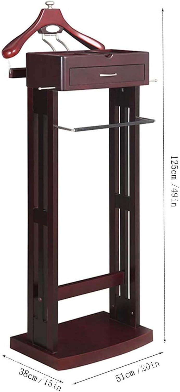 Brown Suit Rack,Birch Clothes valet Stand for Men with Drawer Top Tray Contour Hanger Trouser Bar and Shoe Rack Floor Stand Garment Rack,for Bedroom Office and Senior Clubs