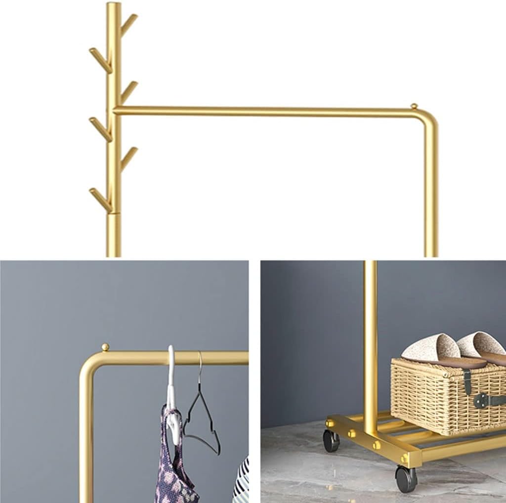 Shoe Bench Coat Stand Rack Hanger Metal Clothing Rack Heavy Duty Clothes Rack On Wheels Rolling Garment Rack with Top Rod and Hooks Commercial Display Rack for Hanging Clothes,Gold,80X35X170CM