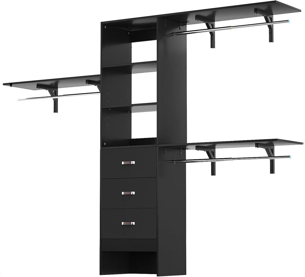 iSunirm 8FT Closet System, 96'' Closet Organizer System with 3 Hanging Rods, Wall Mount Bedroom Wardrobe with 3 Drawers Walk-in Closet, Adjustable Cloth Garment Rack from 5 to 8FT (Cut to Fit), Black