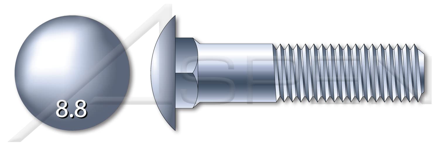 (100 pcs) M8-1.25 X 30mm, DIN 603 / ISO 8677, Metric, Carriage Bolts, Round Head, Square Neck, Class 8.8 Steel, Zinc Plated