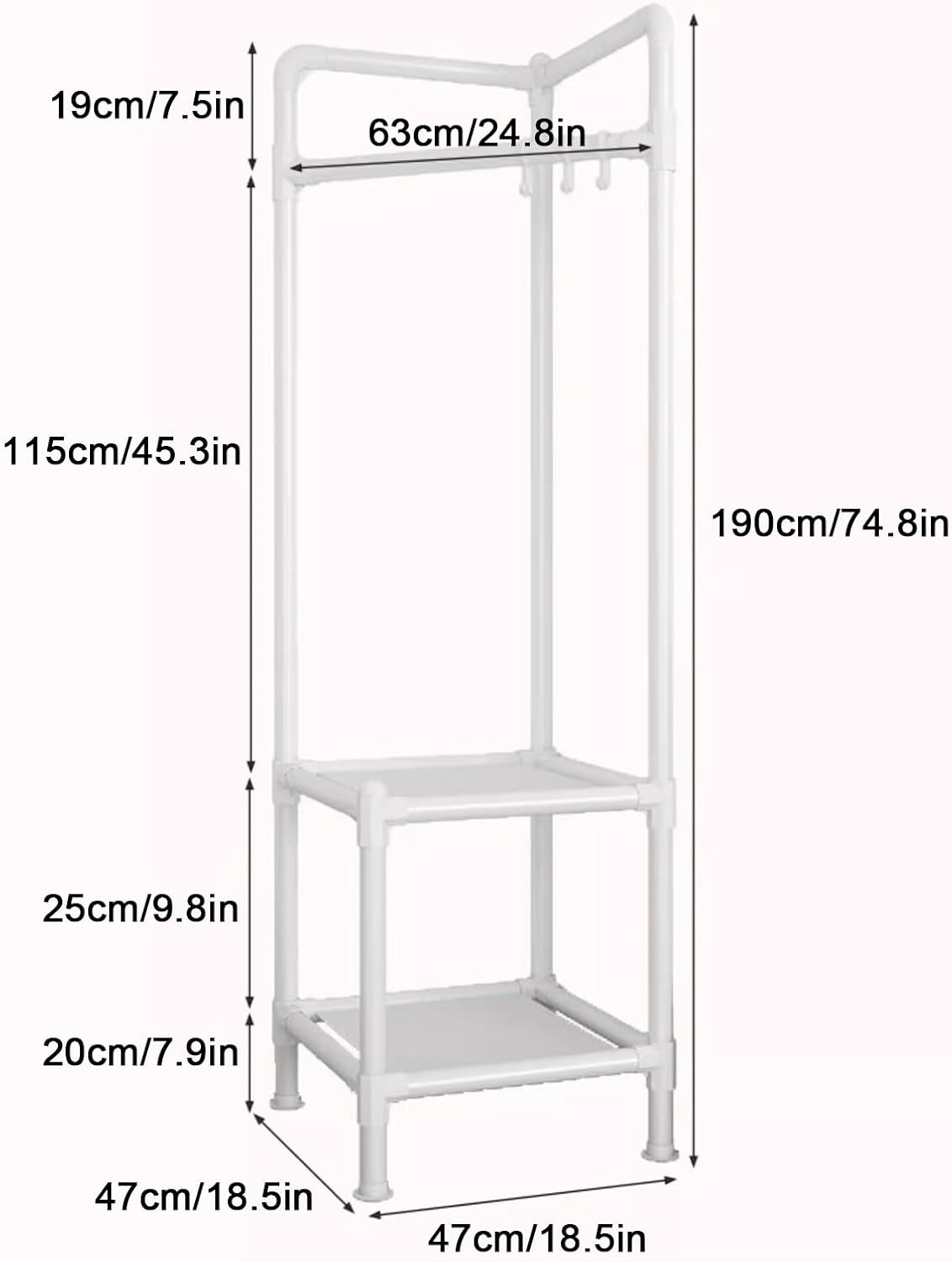 Coat Racks Free Standing,Garment Rack with Shelves,25mm Thicker Tube Diameter, Large Capacity Storage, with Double Shelves,can Be Used in The Bedroom,Entrance Hall,Living Room(White)