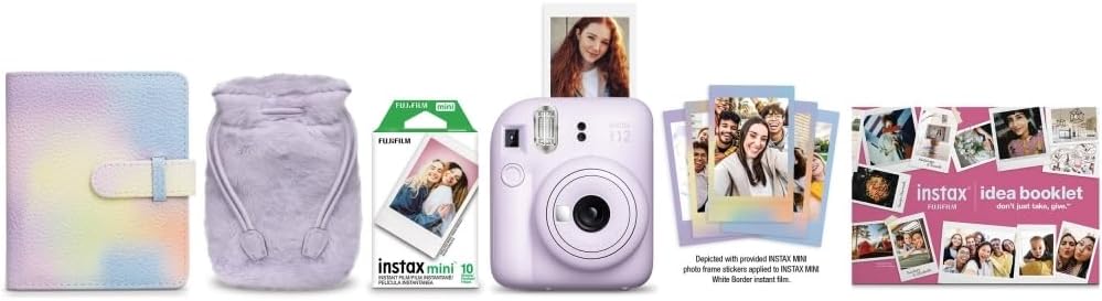 Fujifilm INSTAX MINI 12 Instant Film Holiday Camera Bundle (Lilac Purple) with Instax Mini Film (10 exposures) + Four AA Batteries & Cleaning Cloth (9 Items)