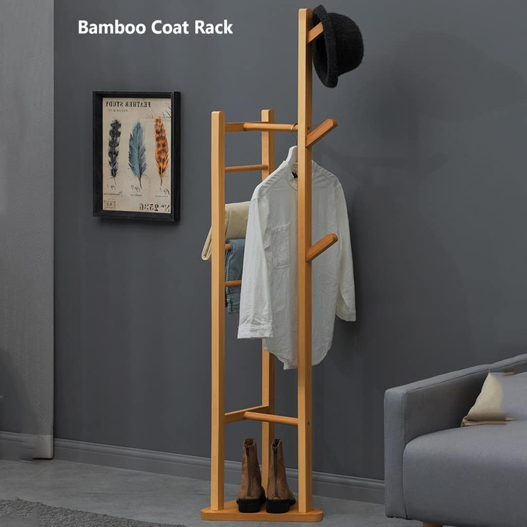 Bamboo Corner Coat Rack Coat Stand Hall Coat Trees Free Standing Garment Rack with Shelves and Hanger Hooks for Entryway