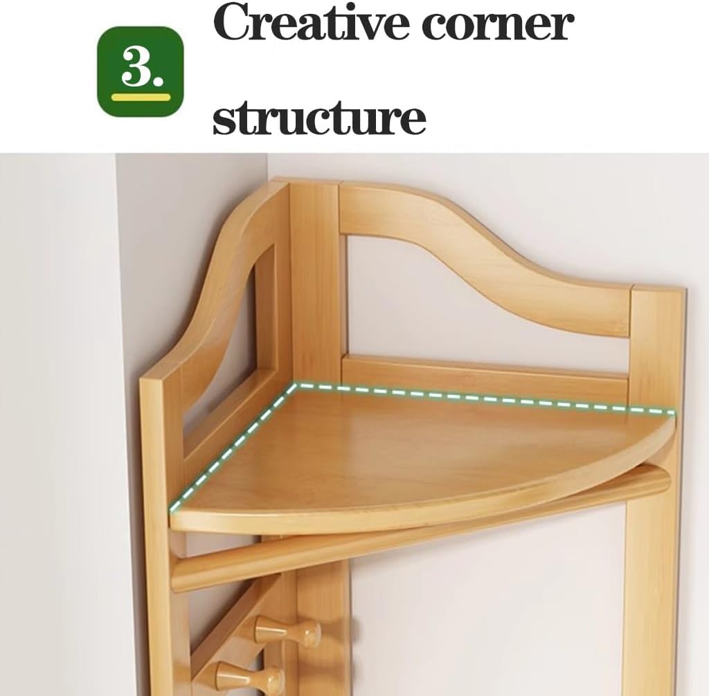Bamboo Corner Coat Rack Stand - Freestanding Garment Rack with 2 Shelves, Stylish Hall Tree with Hooks for Clothes & Accessories, Space-Saving Storage Solution for Entryway