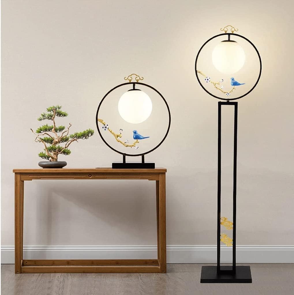 Standing Floor Set of 2 Table Lamps and 1 Floor Lamp Modern Classic with Glass Shade Ceramic Bird Decoration Storage Lamp(