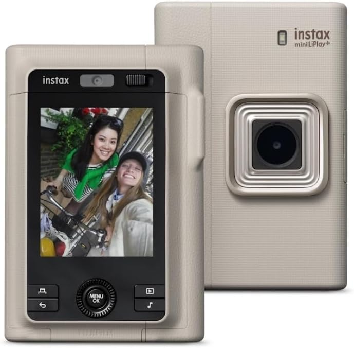 FUJIFILM instax mini LiPlay+ (Sand Beige) Hybrid Instant Camera Bundle with 20 Exposures Instant Film + Instax Mini Album, Borders, Stickers & Clips + Microfiber Cleaning Cloth (4 Items)