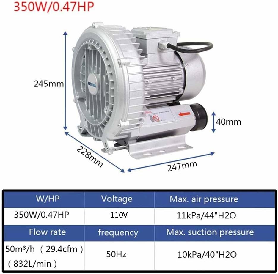 Regenerative Blower 0.5HP/0.74HP/1.49HP 110v Single Phase, Aluminum Alloy High-Pressure Vortex Ring Blower, Industrial Vacuum Pump for Air Blowing(350W/0.47HP)