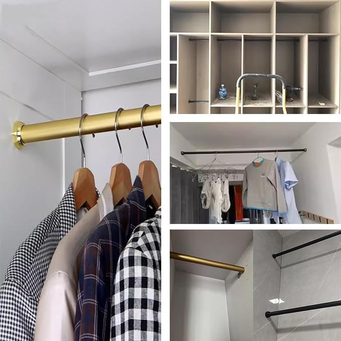 Gold Adjustable Aluminium Closet Rod, 66-16 Inch Wardrobe Tension Pole with Hardware for Hanging Clothes, Cuttable Garment Rack Bar, Perfect for Organizing Your Wardrobe.