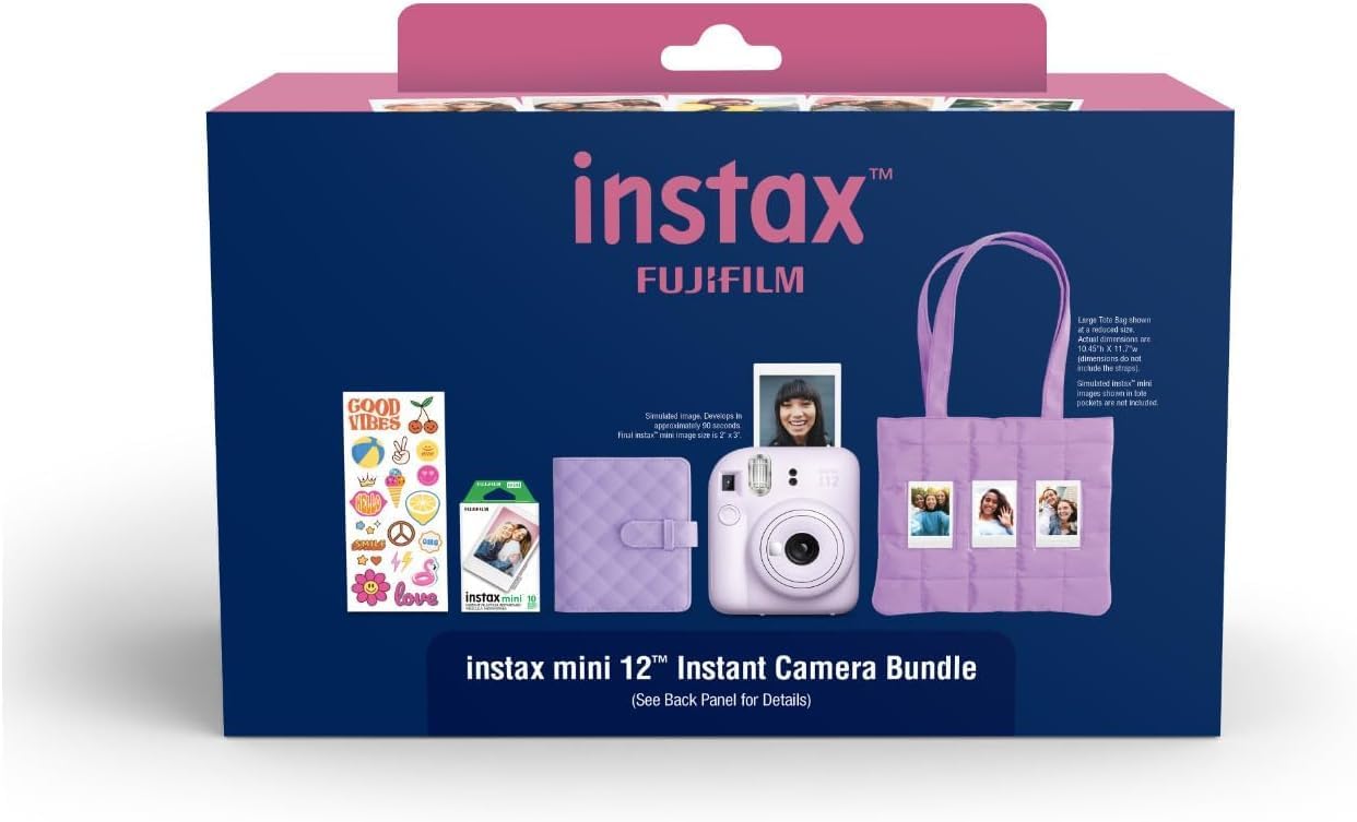 FUJIFILM Instax Mini 12 Instant Film Camera 2025 Holiday Bundle (Purple) + Compatible Carrying Case + Microfiber Cleaning Cloth