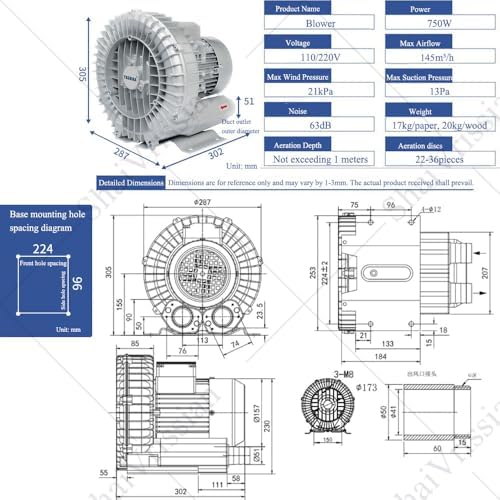 Single Phase (Large Airflow Type) Turbine Blower,Regenerative Blower Industrial Vacuum Pump,Aluminum Alloy,Pure Copper Coil,for Sewage Aeration Aquarium 550W