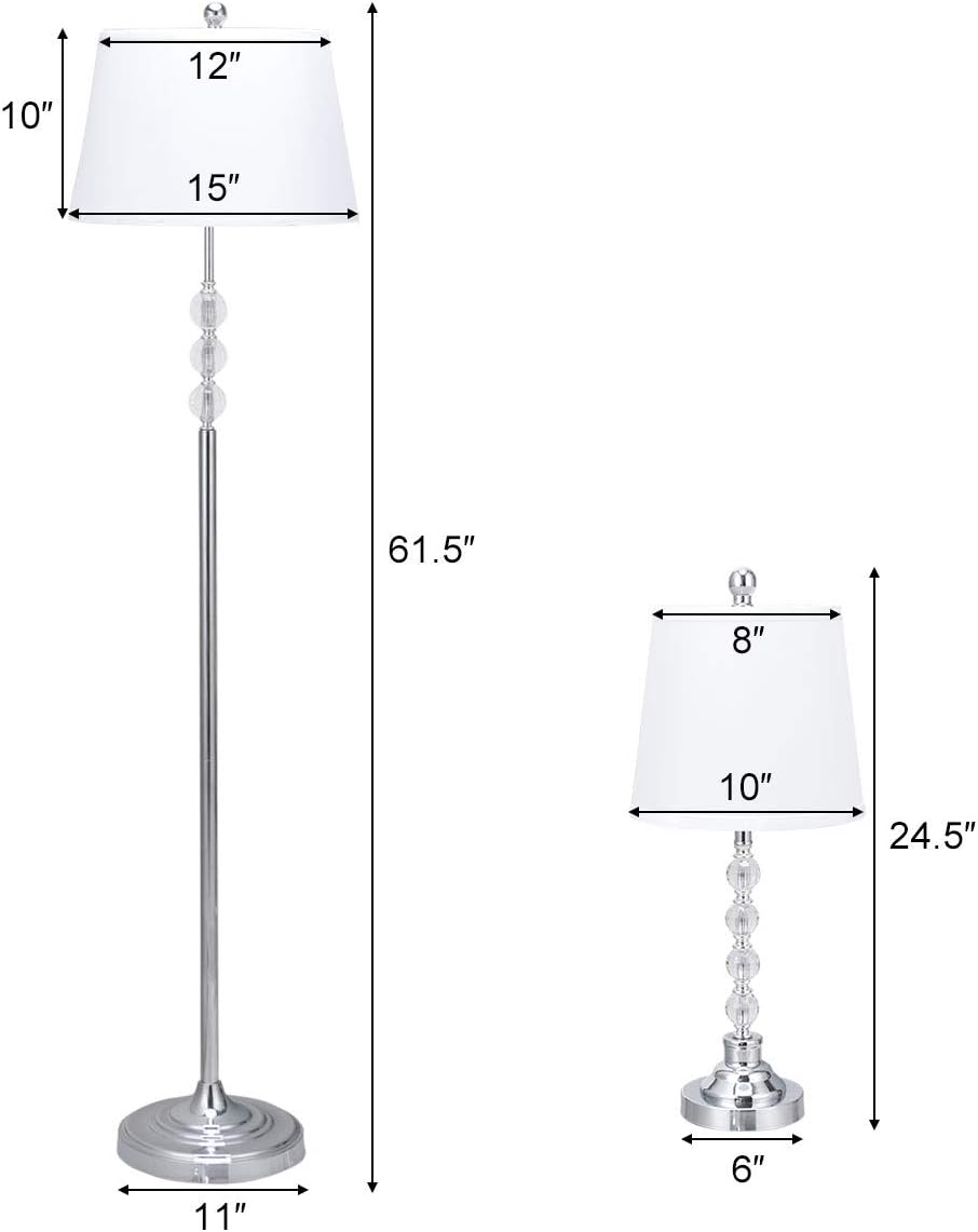 Goplus Tangkula 3-Piece Lamp Set with One Floor Lamp and Two Table Lamps Modern Home Living Room Bedroom Lamps with White Fabric Shades, Chrome Finished