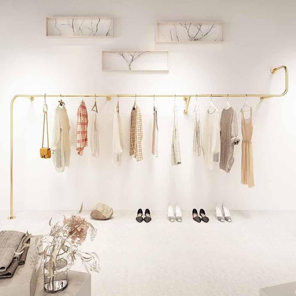 Industrial Pipe Clothing Rack, Wall Mounted Closet Storage Rack, Gold Garment Rack Retail Display Hanging Rod for Retail Display, Boutiques,Length 350cm