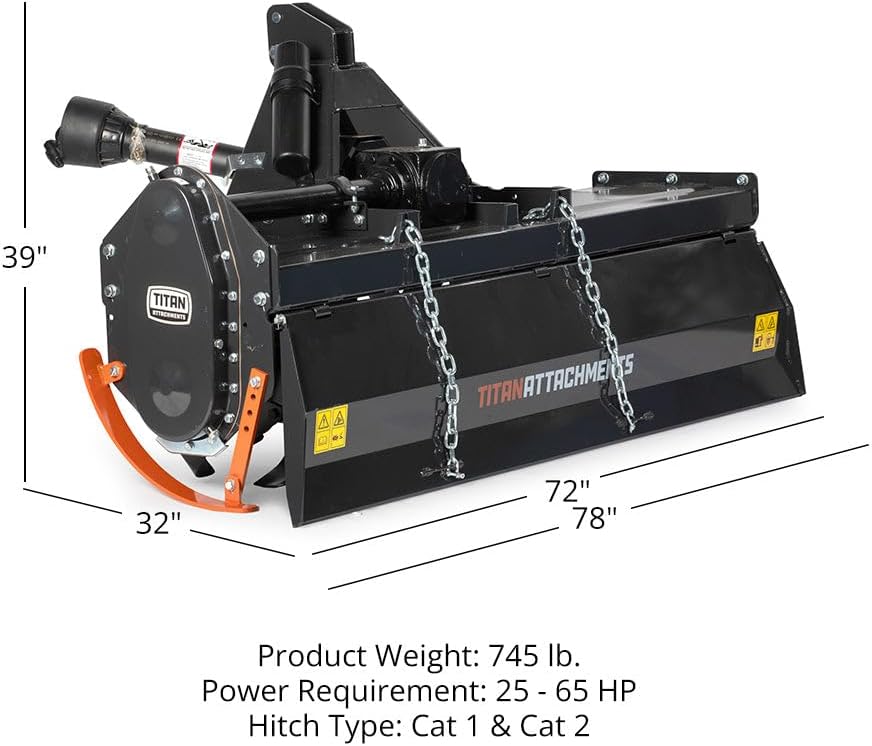 Titan Attachments Pro Series 3 Point Rotary Tiller, 72' Cutting Width, Fits Cat 1 & Cat 2 Tractors 25-65 HP Rototiller, 8' Digging Depth, PTO Driven Cultivator