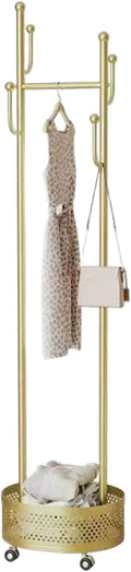 Heavy-Duty Clothing Racks Rolling Rack with Wheels Modern Metal Coat Stand with Storage Basket Moveable Garment Rack for Hanging Clothes Bedrooms Boutiques(Gold)