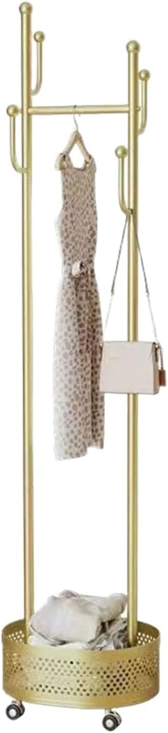 Heavy-Duty Clothing Racks Rolling Rack with Wheels Modern Metal Coat Stand with Storage Basket Moveable Garment Rack for Hanging Clothes Bedrooms Boutiques(Gold)