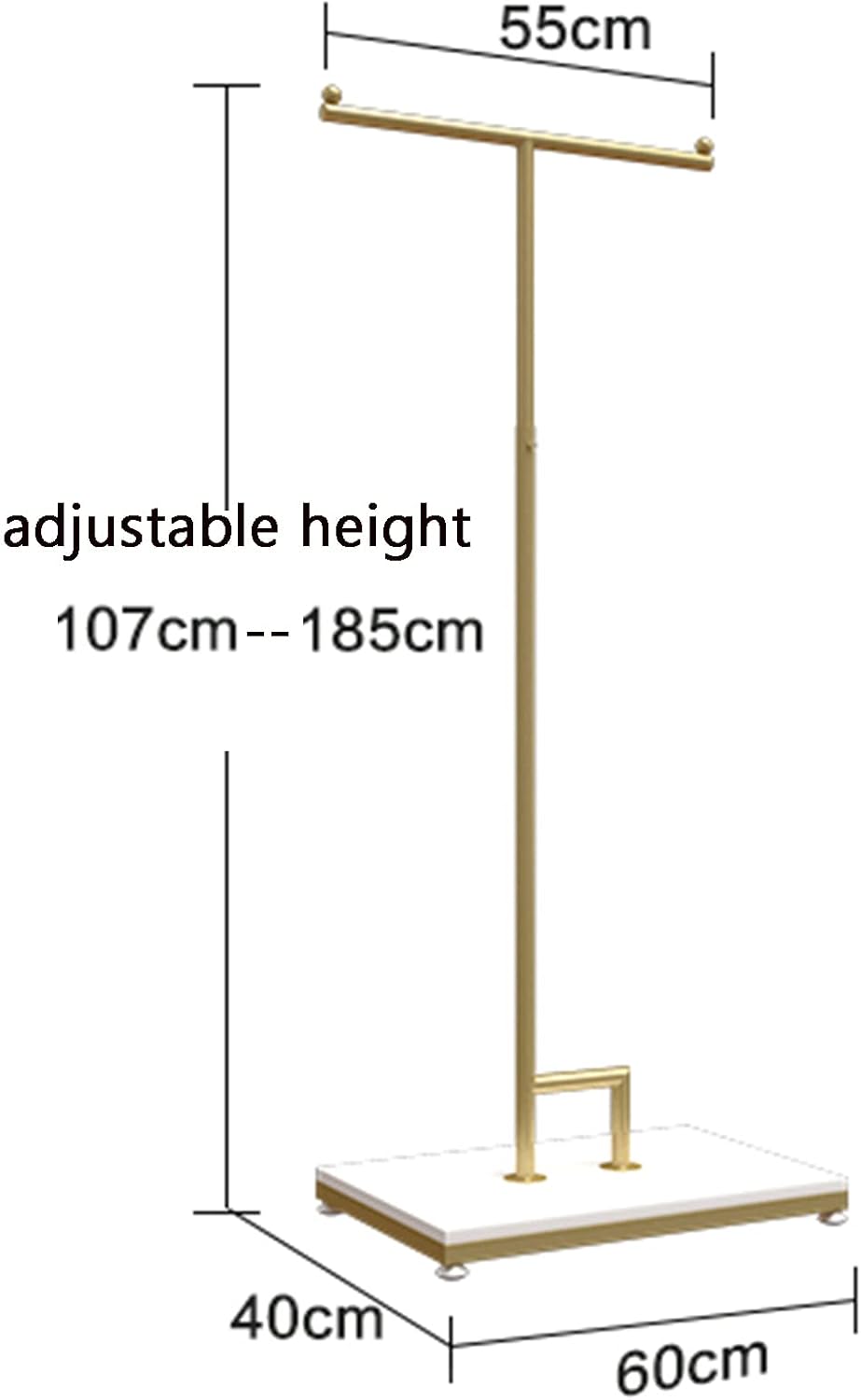 Garment Rack T-Shaped Hanging Rod Clothing Retail Store Display Stands, Freestanding Metal Garment Racks with Wood Shelves, Adjustable Height Clothes Hanging Rack for Hallway Bedroom, Gold
