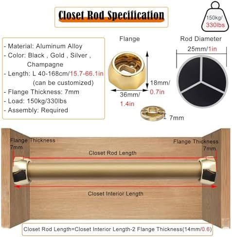 Gold Aluminum Closet Rod - Adjustable Tension Pole for Wardrobe, 16-66 Inch with Hardware Accessories, Cuttable Garment Rack for Hanging Clothes, Space-Saving Solution.