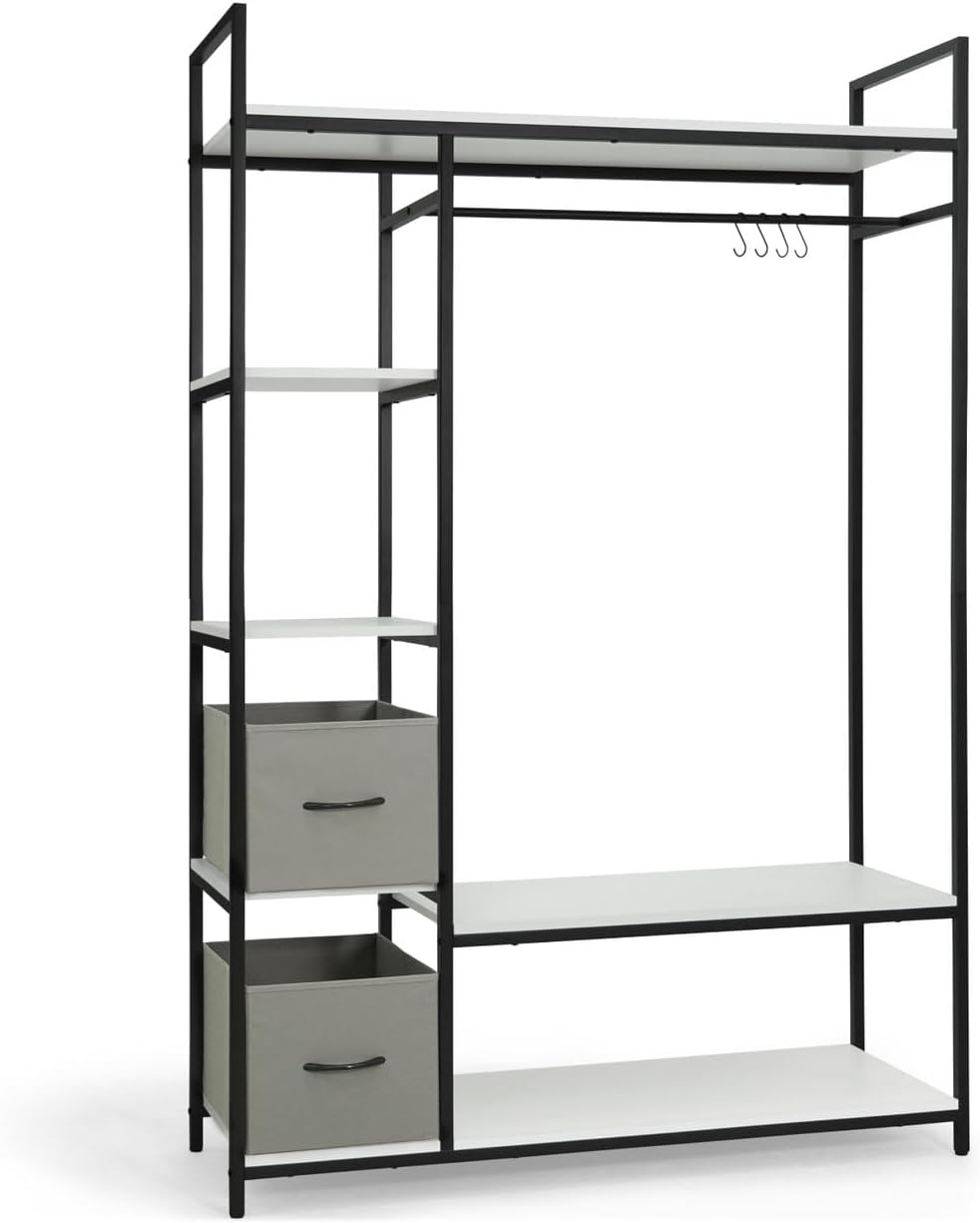 Fencer Wire Heavy Duty 979lbs Freestanding Closet Organizer w/Hanging Rods & Fabric Drawers, Garment Rack, Metal Clothes Rack w/Wood Shelves, Freestanding Closet Wardrobe, Metal Closet, White Board