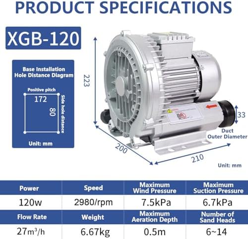 Industrial Vortex Ring Blower, Regenerative Air Blower with Dust Filter & Aluminum Impeller, 120W-1100W, 2980RPM, Max Air Volume 210m³/H, Ideal for Aquaculture 370W/0.5HP