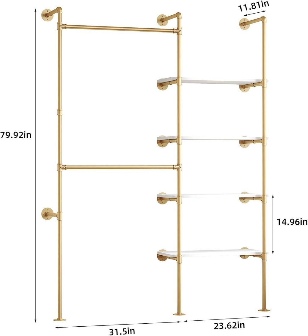 Industrial Pipe Clothing Rack, Hanging Rods Clothes Rack with Shelves, Clothes Rack for Wardrobe, Corner Closet System for Walk in Closets (Gold, II-4Tier)