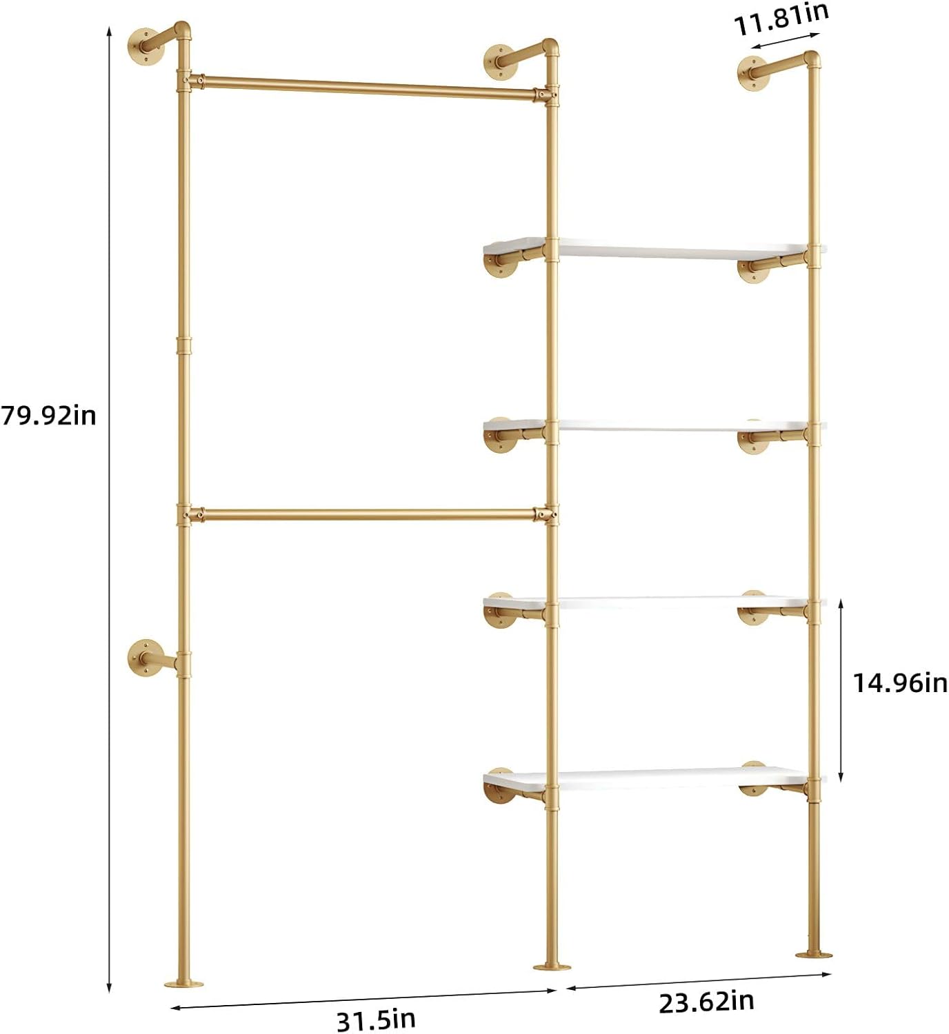 Industrial Pipe Clothing Rack, Hanging Rods Clothes Rack with Shelves, Clothes Rack for Wardrobe, Corner Closet System for Walk in Closets (Gold, II-4Tier)