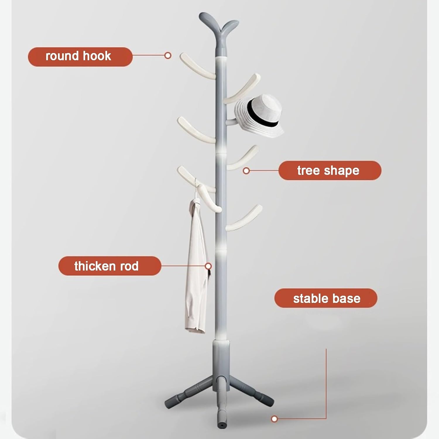 Clothing Rack Stand, Freestanding Coat Hanger, Garment Racks, Wooden Coat Stand, Coat Tree, Coat Rack for Hallway Entryway, Bedroom for Clothes Hats, Bags With Stable Base, Solid Wood(Gray)