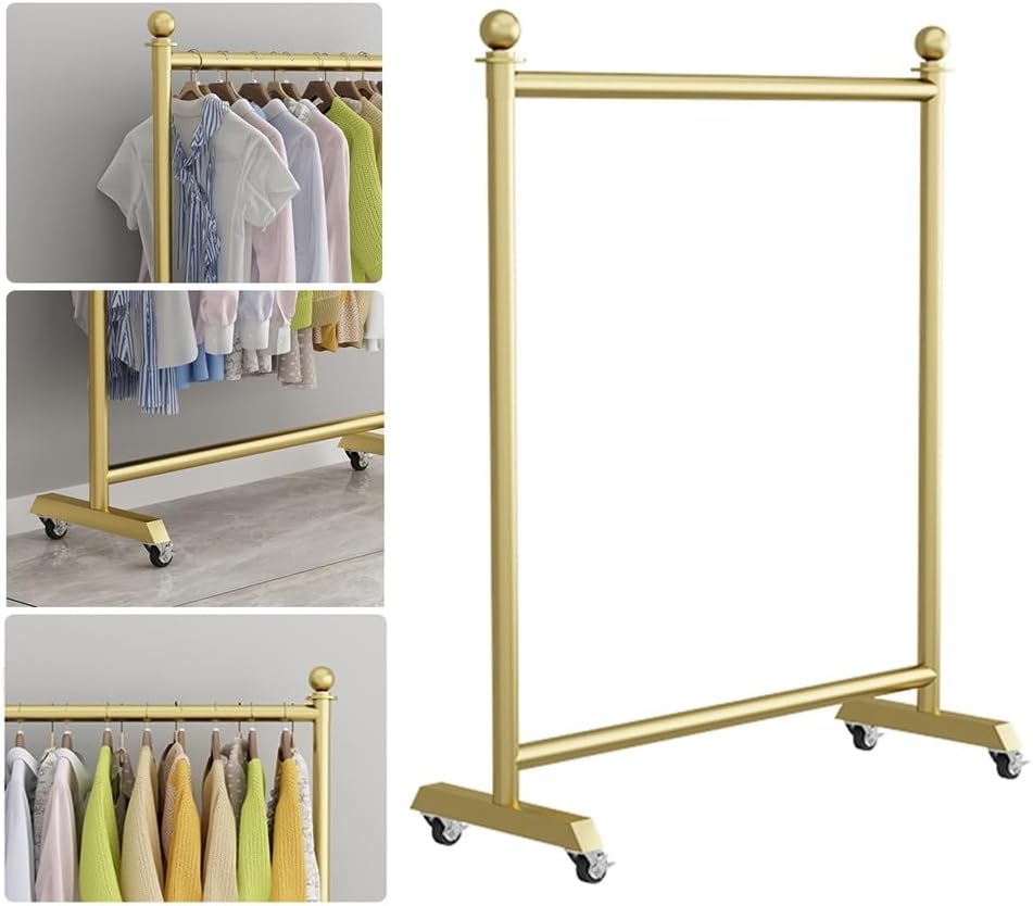Rolling Clothes Rack on Wheels, Heavy Duty Iron Pipe Garment Rack 132lbs Load Capacity, Clothing Organizer for Hanging Clothes, Golden (Color : Gold, Size : 100x40x135cm)