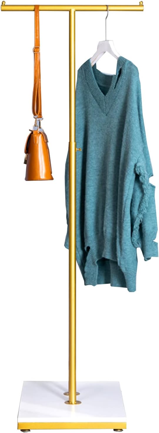 Garment Rack T-Shaped Hanging Rod Clothing Retail Store Display Stands, Freestanding Metal Garment Racks with Wood Shelves, Adjustable Height Clothes Hanging Rack for Hallway Bedroom, Gold