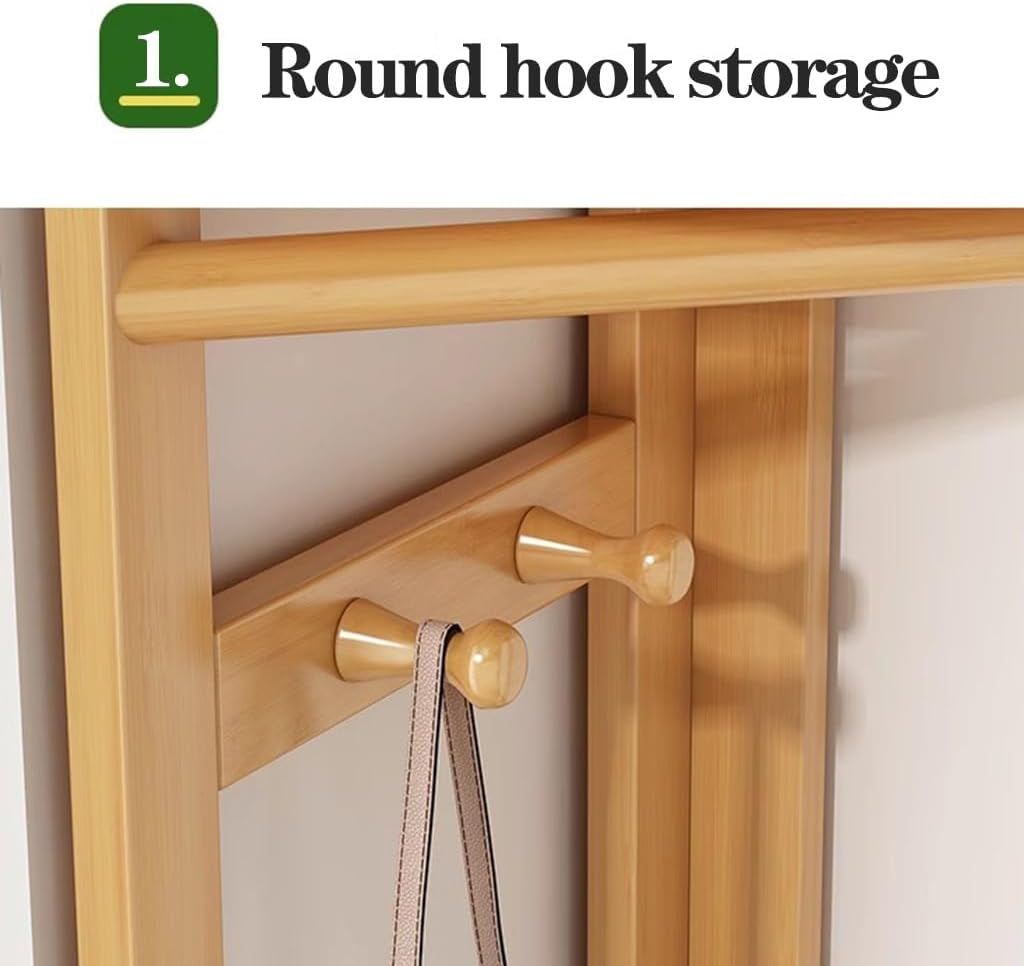 Bamboo Corner Coat Rack Stand - Free Standing Clothing Organizer with 2 Shelves, Stylish Hall Tree with Hooks for Entryway & Home Décor, Space-Saving Design