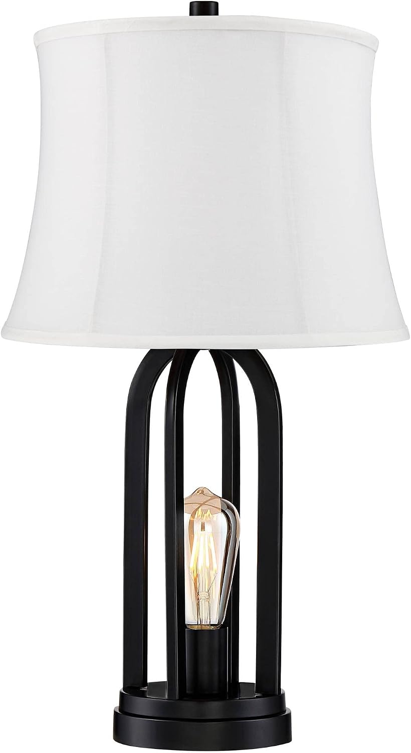 360 Lighting Marcel Industrial Modern Table Lamps 24.25' High Set of 2 with USB Charging Port and Nightlight LED Black Cream Fabric Drum Shade for Living Room Desk Bedroom House Bedside