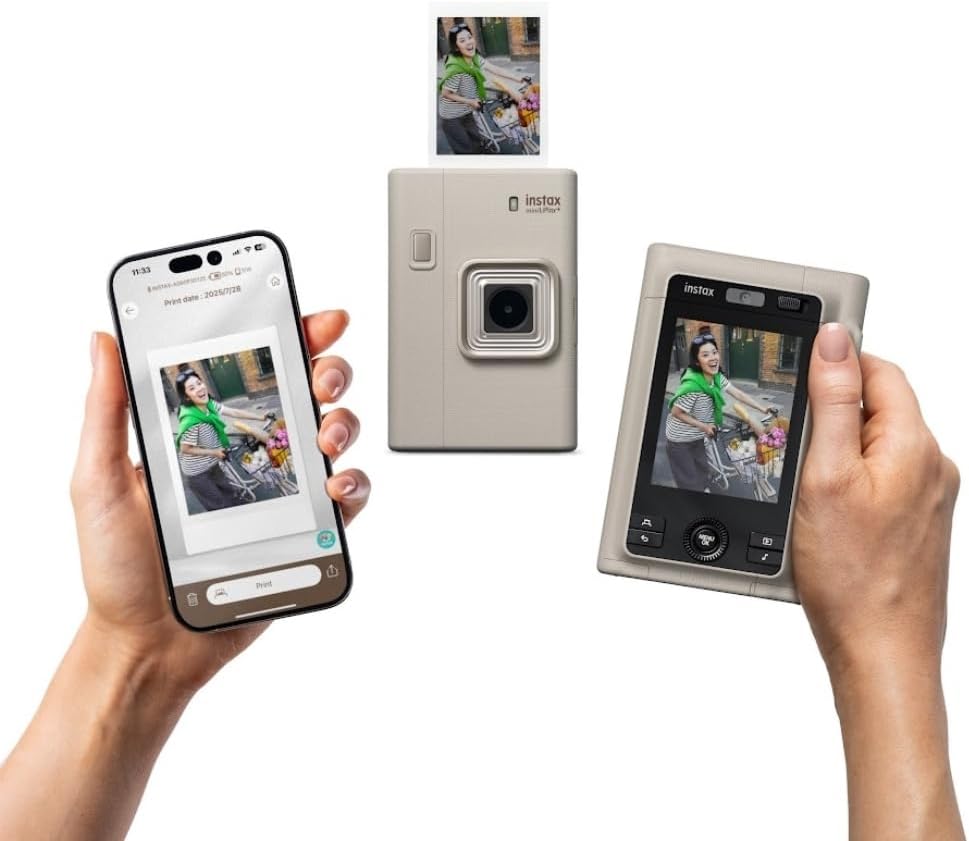 FUJIFILM instax mini LiPlay+ (Sand Beige) Hybrid Instant Camera Bundle with 20 Exposures Instant Film + Instax Mini Album, Borders, Stickers & Clips + Microfiber Cleaning Cloth (4 Items)