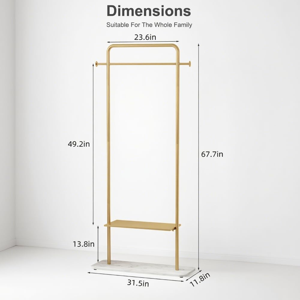 KaKaBB Gold Clothing Rack with Shelves, Coat Racks Freestanding with Marble Base, Clothing Rack for Hanging Clothes, Gold Garment Rack for Boutiques, Bedroom (2 tier, 31.5')
