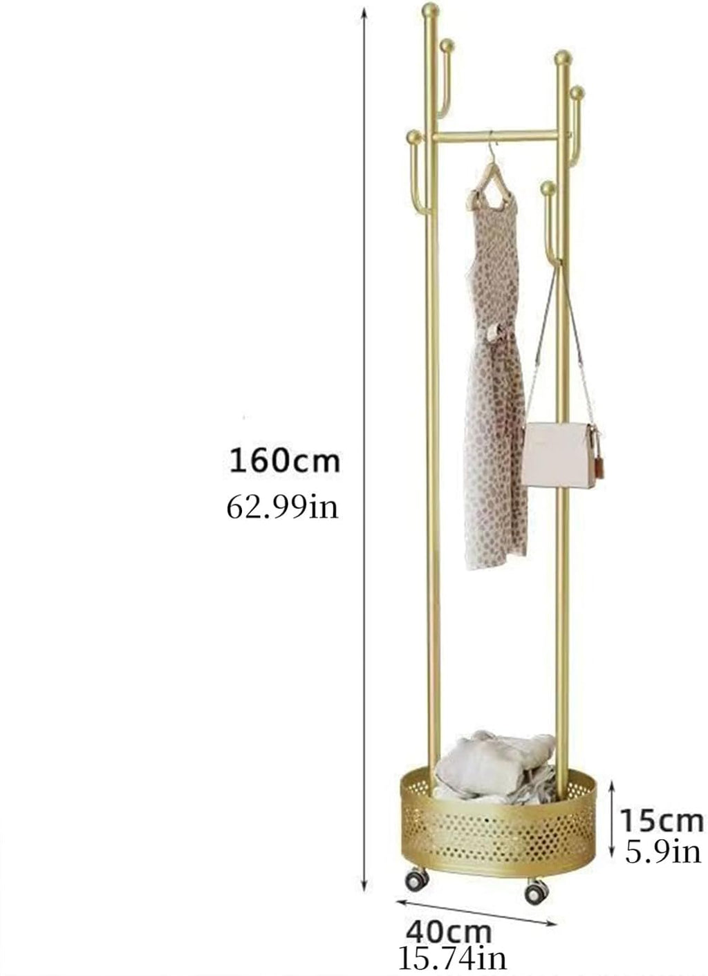 Heavy-Duty Clothing Racks Rolling Rack with Wheels Modern Metal Coat Stand with Storage Basket Moveable Garment Rack for Hanging Clothes Bedrooms Boutiques(Gold)