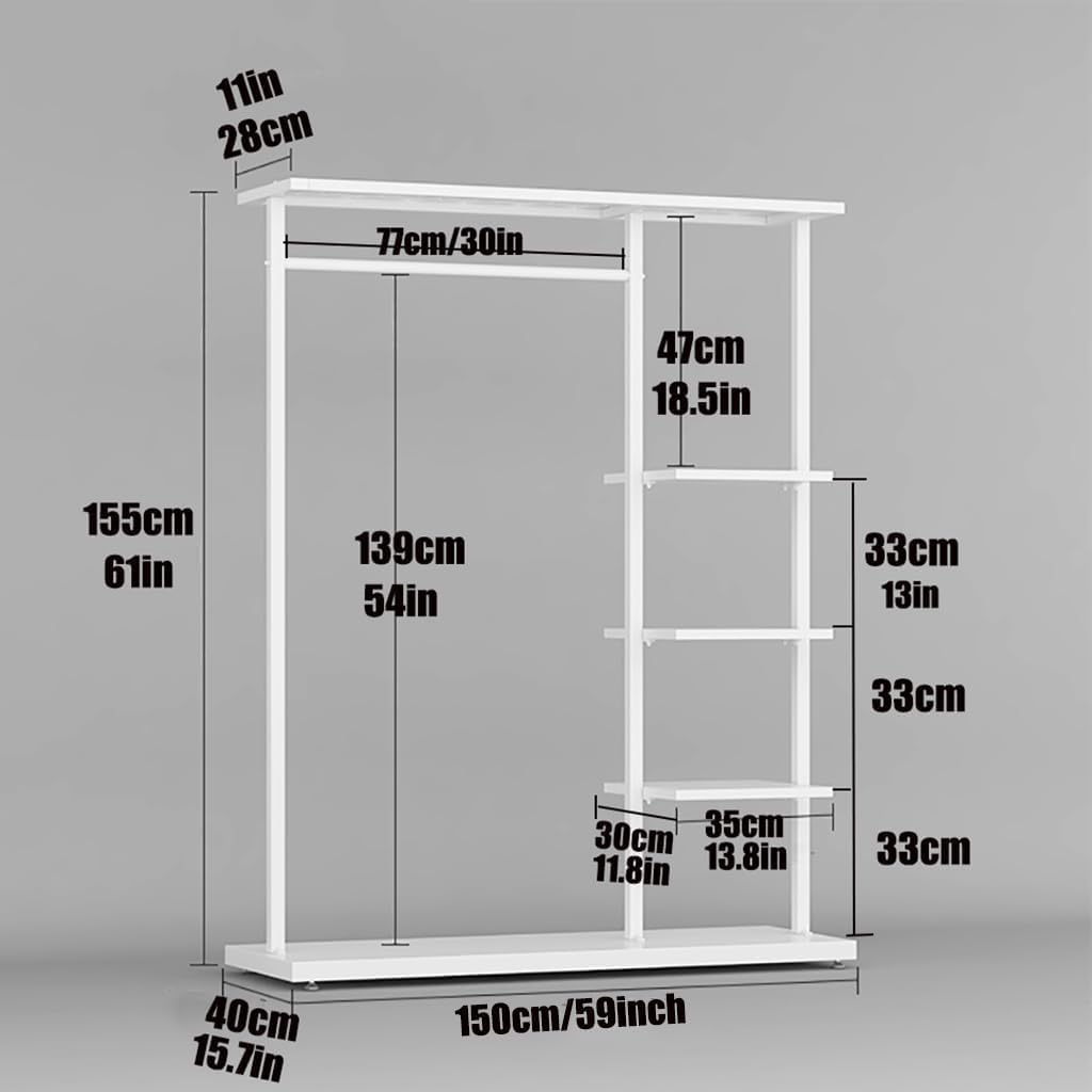 5-Tier Clothing Rack, Free Standing Garment Rack with Shelves for Home,Storage Display Stand for Clothes, Shoes, Accessories – Metal Frame, Space-Saving(White,59IN)