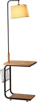 Floor Lamp, Floor Lamp Solid Wood Standing Lamp Modern with 2 Shelves 1 Power Outlet and 1 Storage Basket Storage Lamp for Bedroom (A