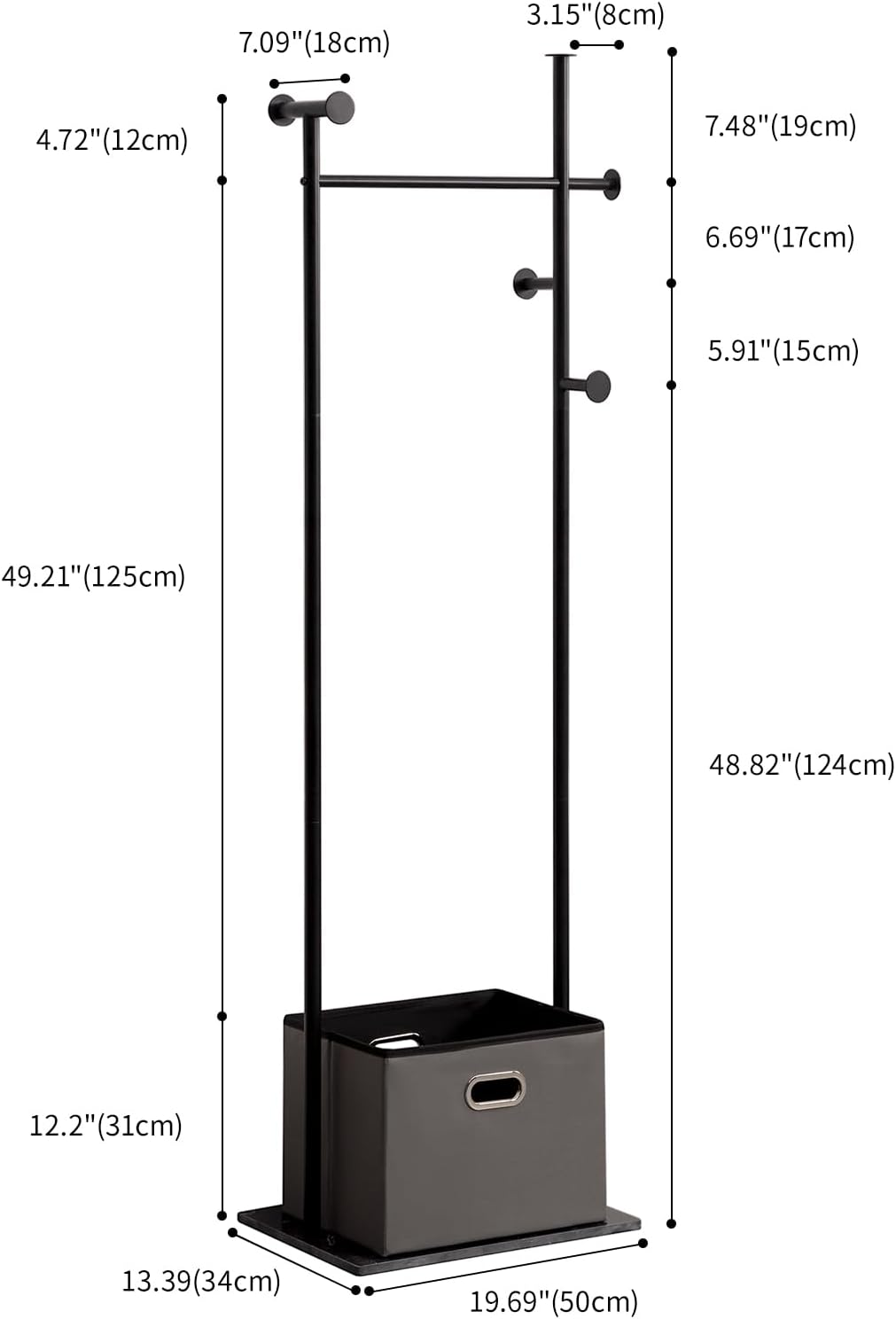 JIAYUEJU Heavy Duty Clothes Rack with Basket & Marble Base, Clothing Rack for Hanging Clothes, Coat Rack Freestanding for Entryway Bedroom Living Room Hotel 13.39' D x 19.69' W x 68.9' H (Black)