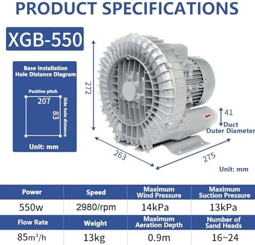 Industrial Vortex Ring Blower, Regenerative Air Blower with Dust Filter & Aluminum Impeller, 120W-1100W, 2980RPM, Max Air Volume 210m³/H, Perfect for Aquaculture 370W/0.5HP