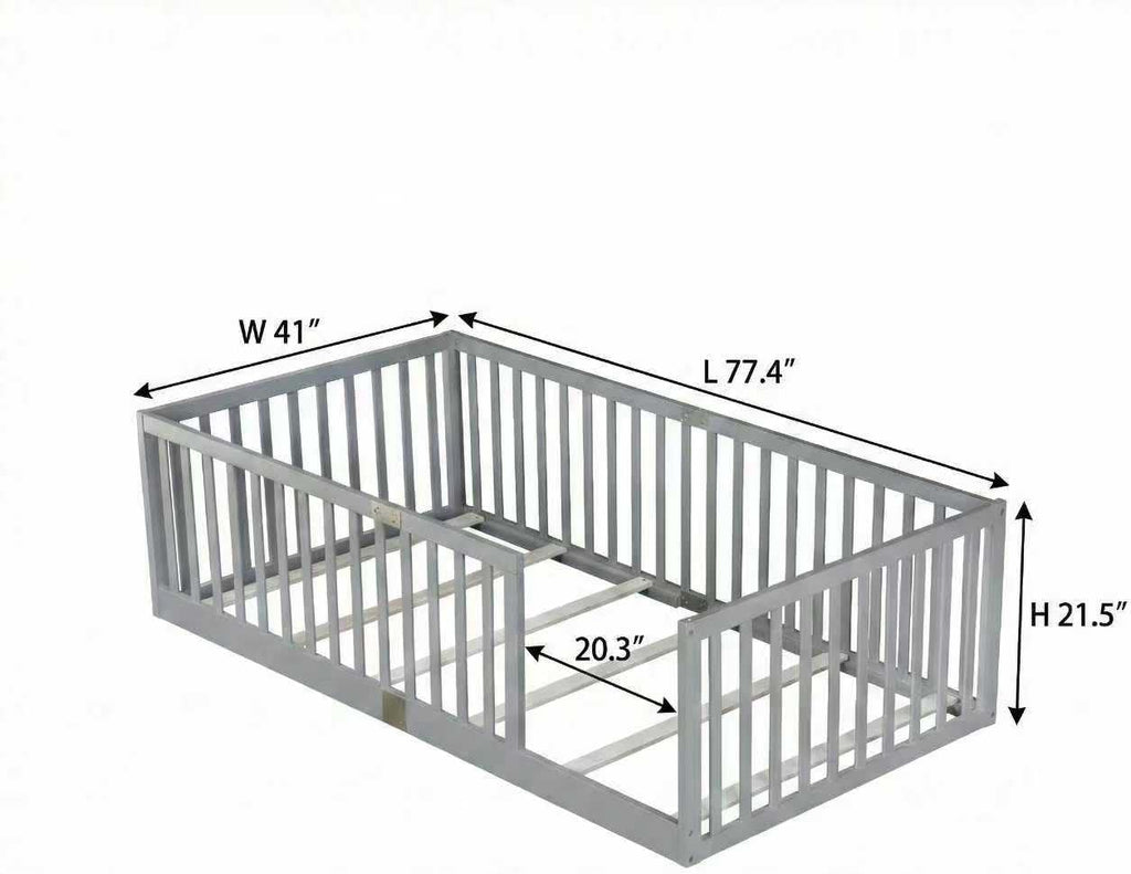 Twin Size Floor Bed with 21.5' High Rails, Solid Rubber Wood Montessori Bed Twin for Boys Girls, Low Profile Kids Beds Frame with 6 Slats, No Box Spring Needeed, Grey