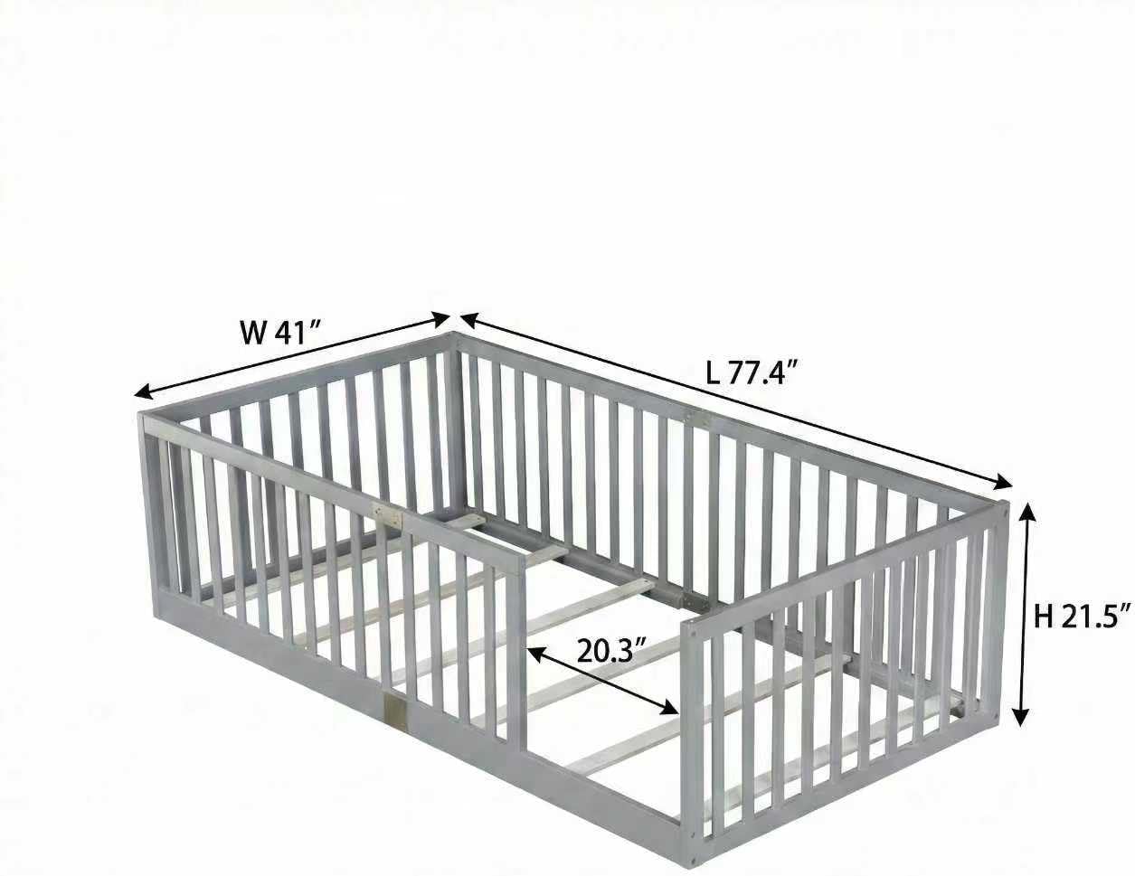 Twin Size Floor Bed with 21.5' High Rails, Solid Rubber Wood Montessori Bed Twin for Boys Girls, Low Profile Kids Beds Frame with 6 Slats, No Box Spring Needeed, Grey